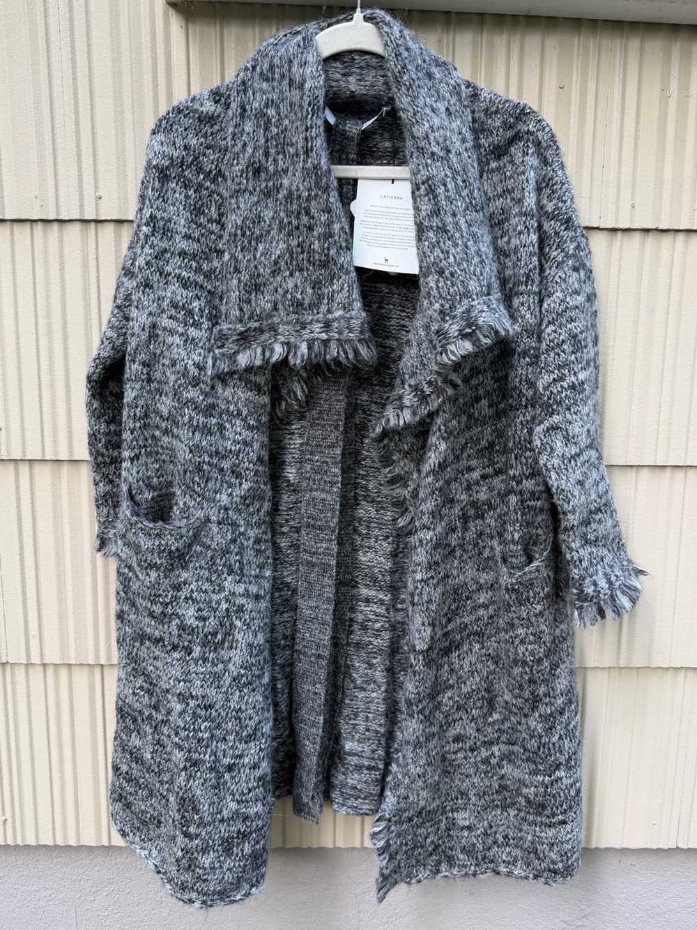 NWT La Tierra Alpaca Fringe o/s cardigan in black/white melange